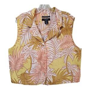 TAHARI Women XL 100% Linen Flax Blouse Sleeveless Tropical Leaves Button Up 44"